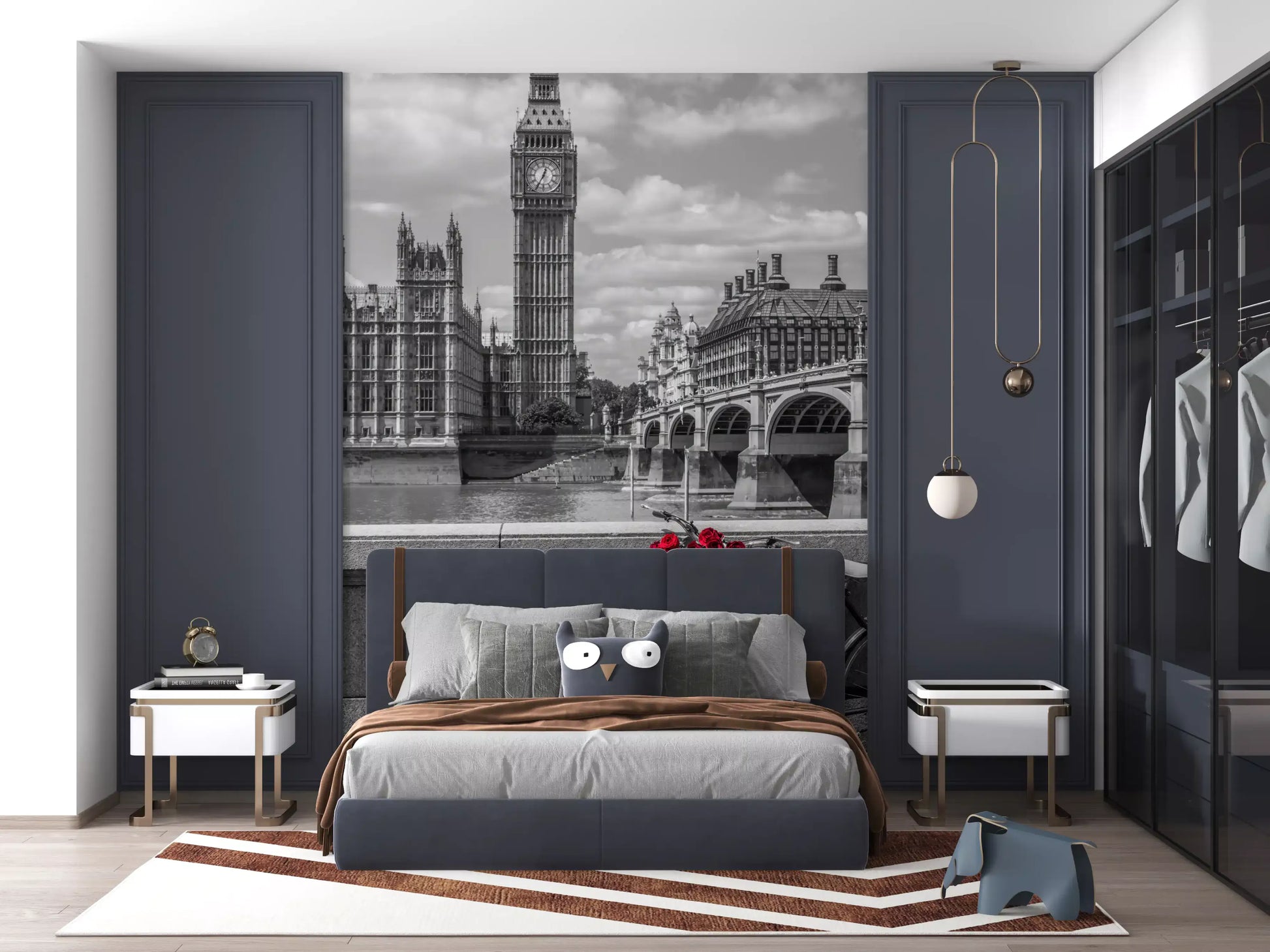 Cool grey tones run through the London Love wall mural across the cityscape.