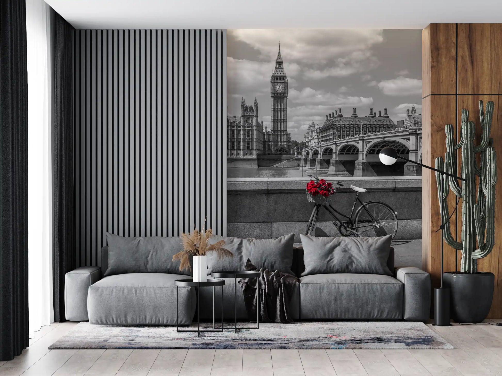 Bicycle by Big Ben sits behind a lounge with the London Love wall mural angle.