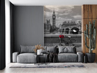 Bicycle by Big Ben sits behind a lounge with the London Love wall mural angle.