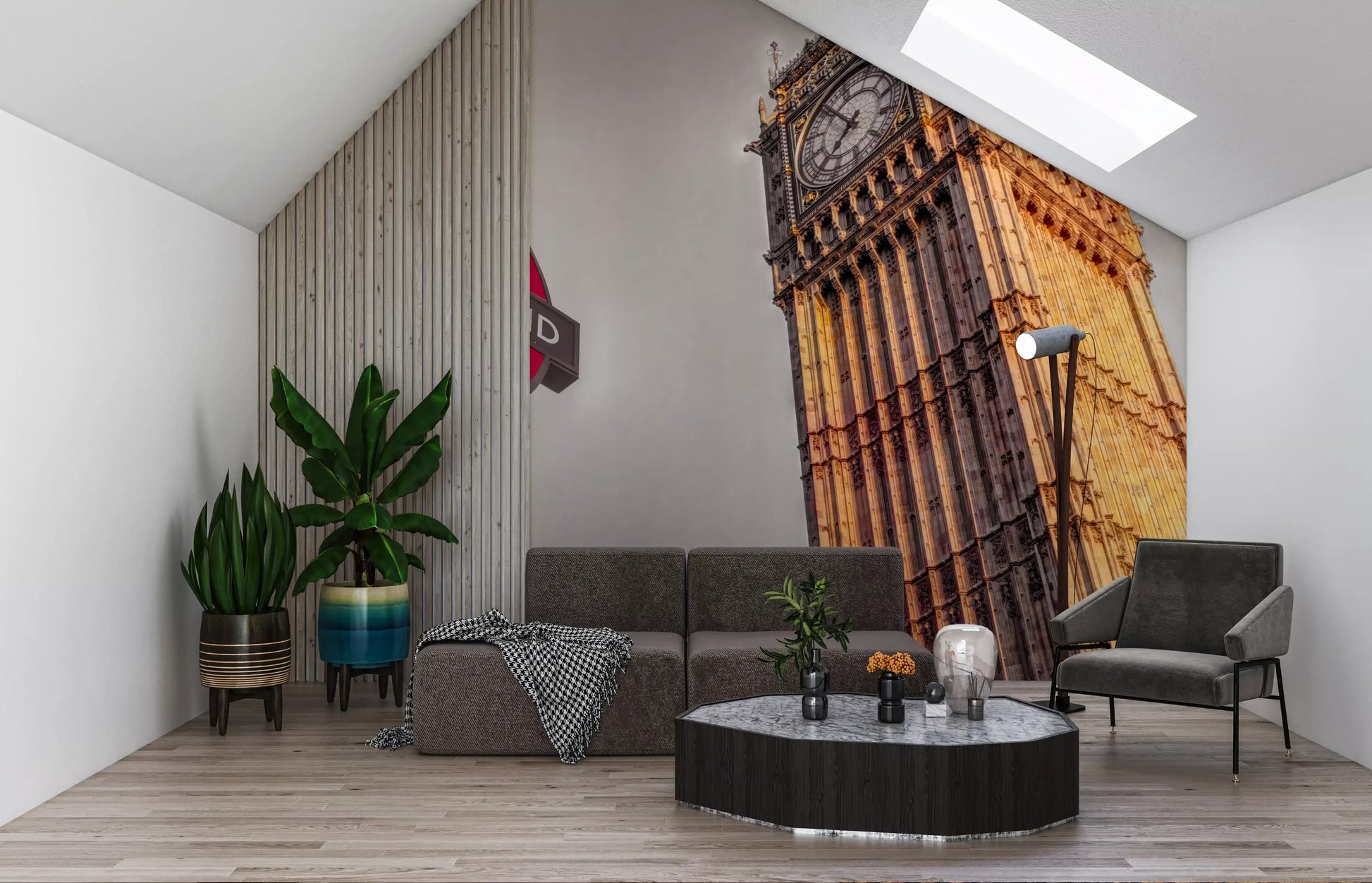 Sandstone gold tones drape the London Icons wall mural near a lounge