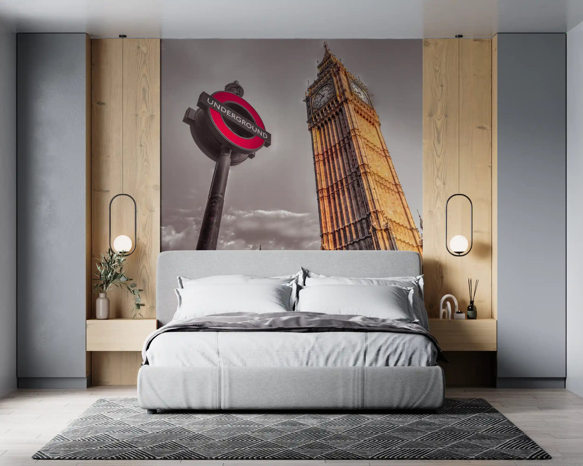 Copper highlights flow across the London Icons wall mural clock face