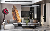 Beneath the Tube roundel and clock face, the London Icons wall mural complements a lounge areas 
