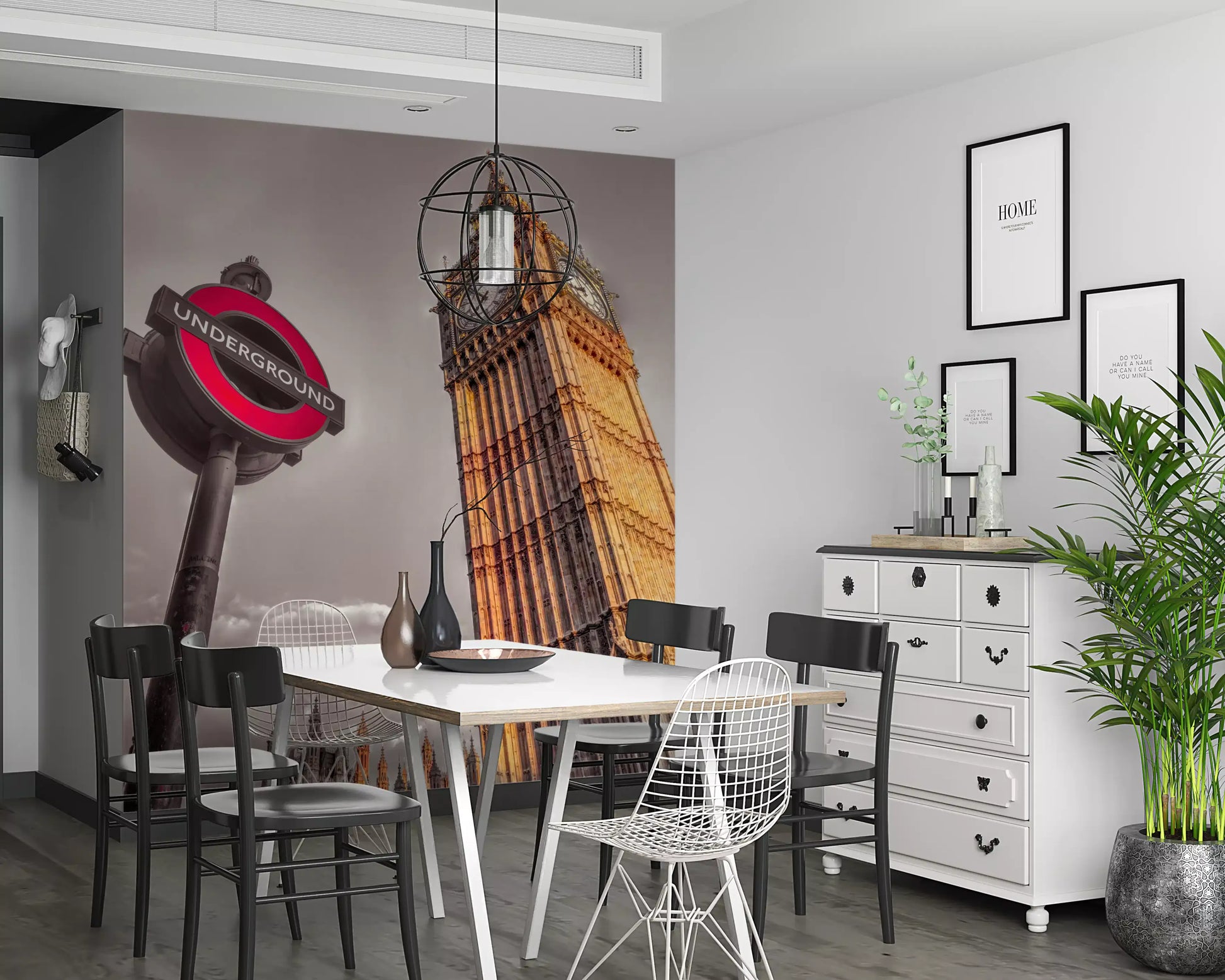 Underground sign flashes crimson by a dining room in the Golden Hour Contrast wall mural