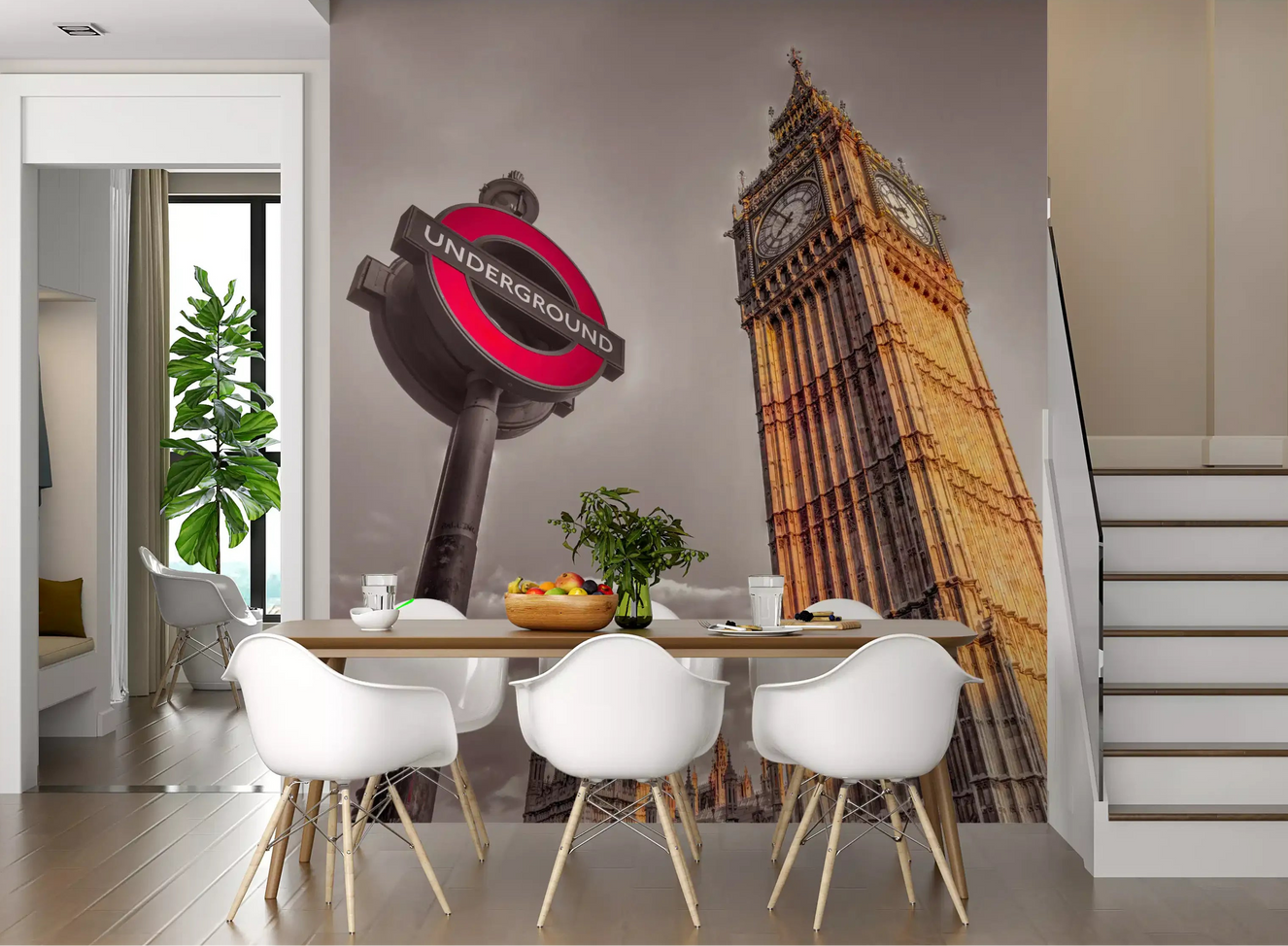 Vivid red roundel pops over the Golden Hour Contrast wall mural near a Dining room 