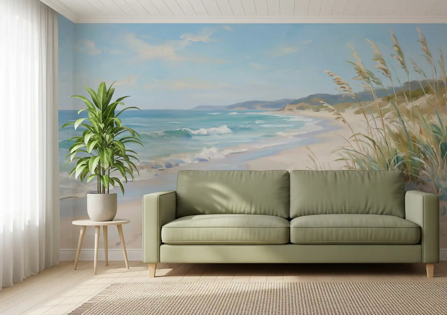 Painterly coastline of the Serene Canvas wall mural extends down a hallway