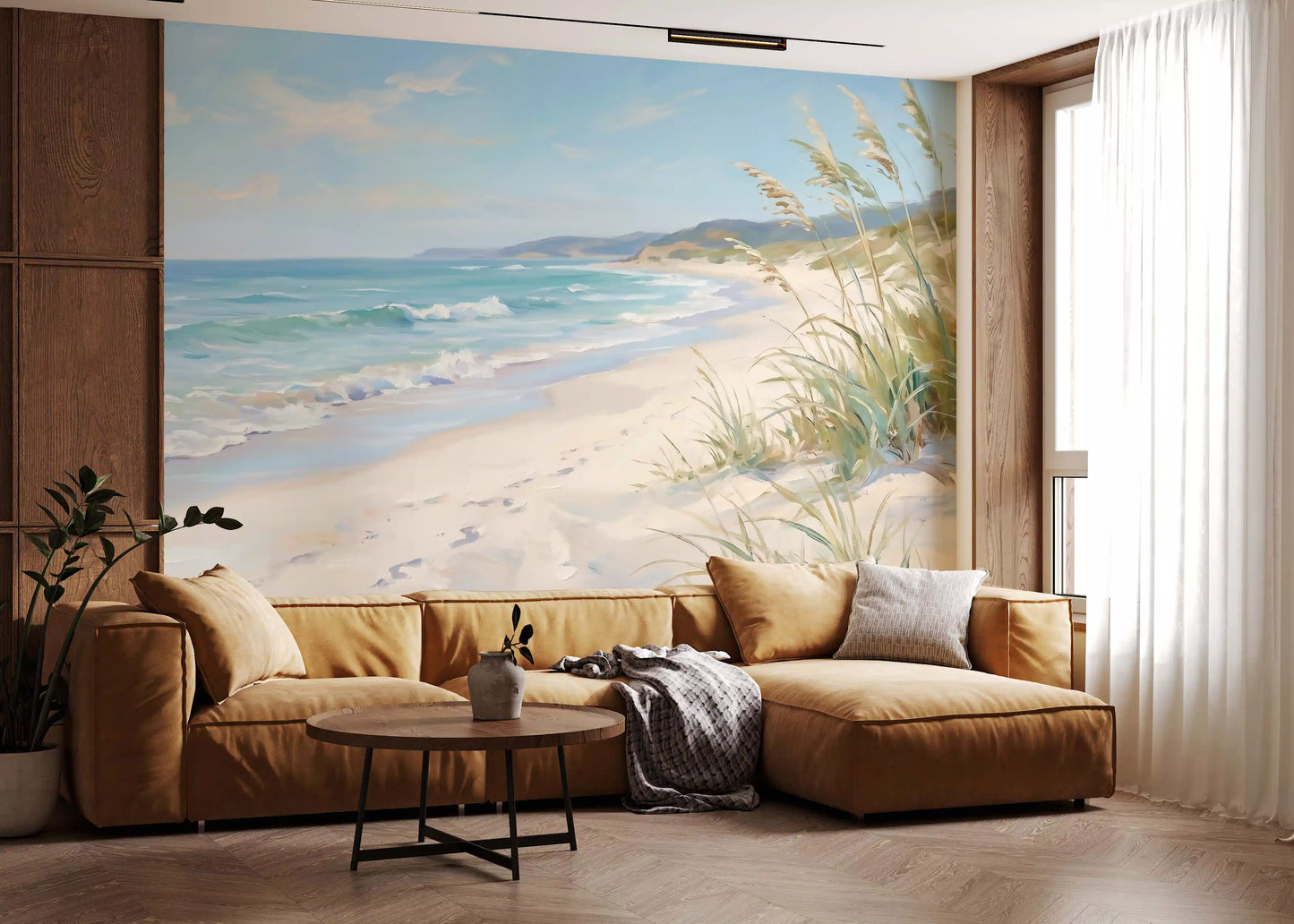 Brushwork detail of the Serene Coastal Canvas wall mural builds a calm horizon line