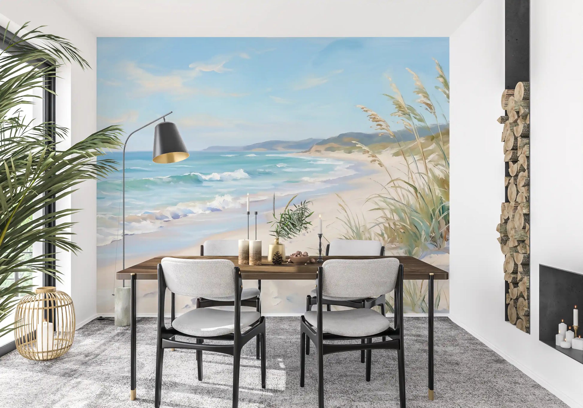 White surf curls onto cream sand within this Serene Coastal Canvas wall mural panel