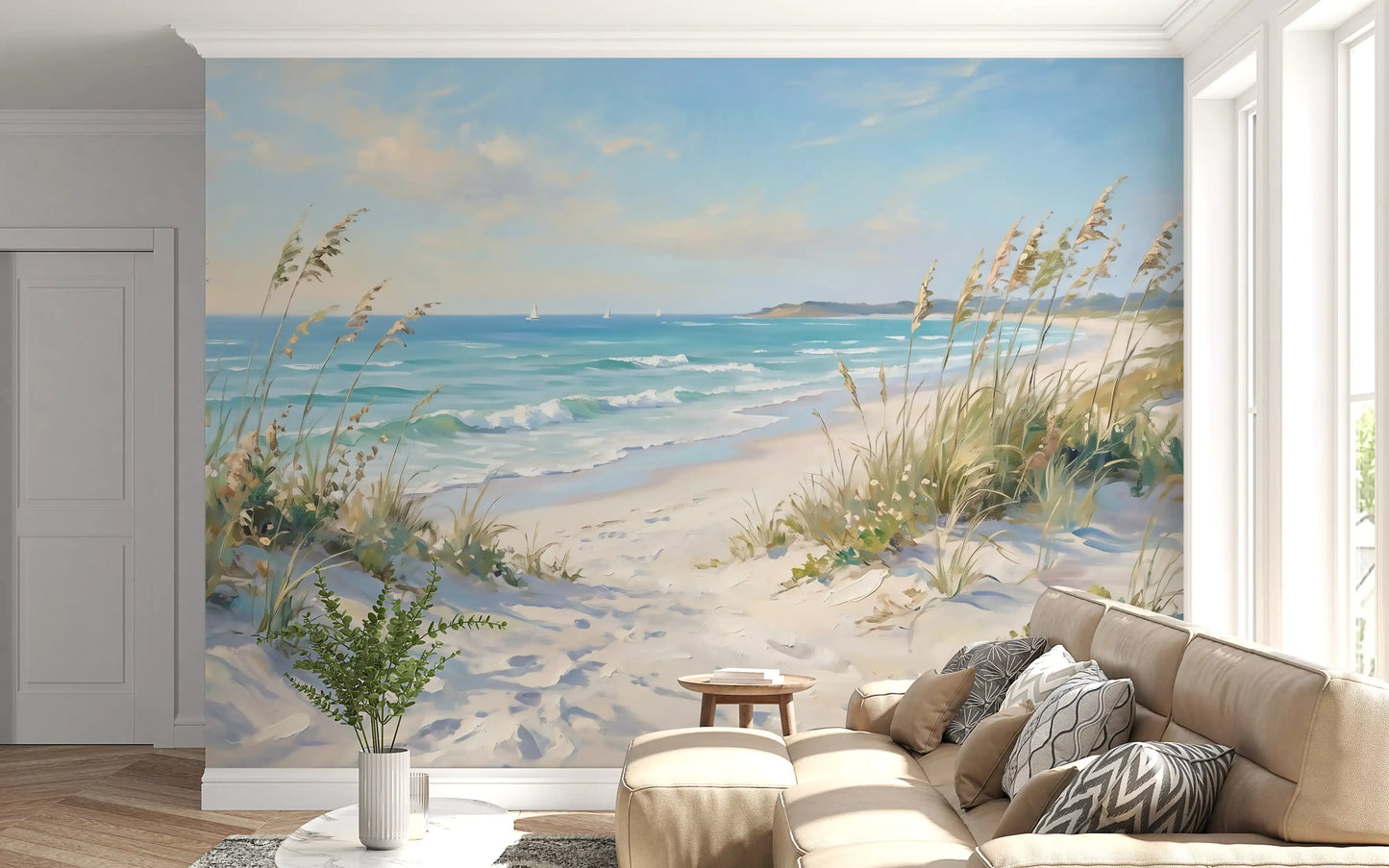 Turquoise sea and pale dune meet in the Coastal Serenity Pathway wall mural at horizon.