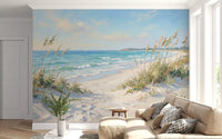 Turquoise sea and pale dune meet in the Coastal Serenity Pathway wall mural at horizon.