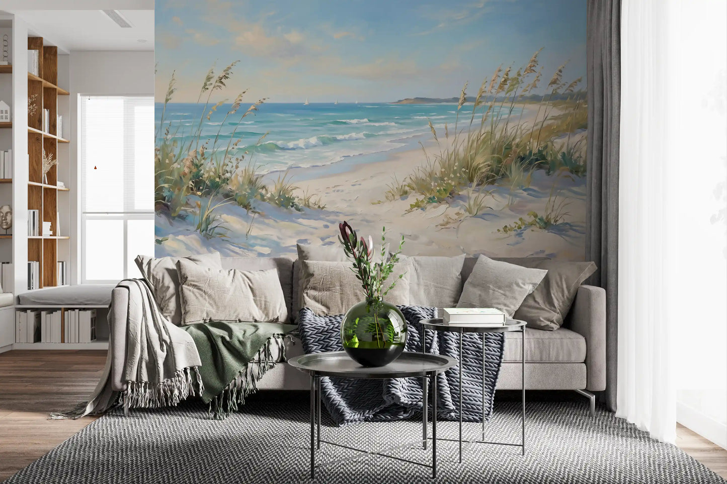 Oil-style ocean tones ease a lounge in Coastal Pathway wall mural detail.