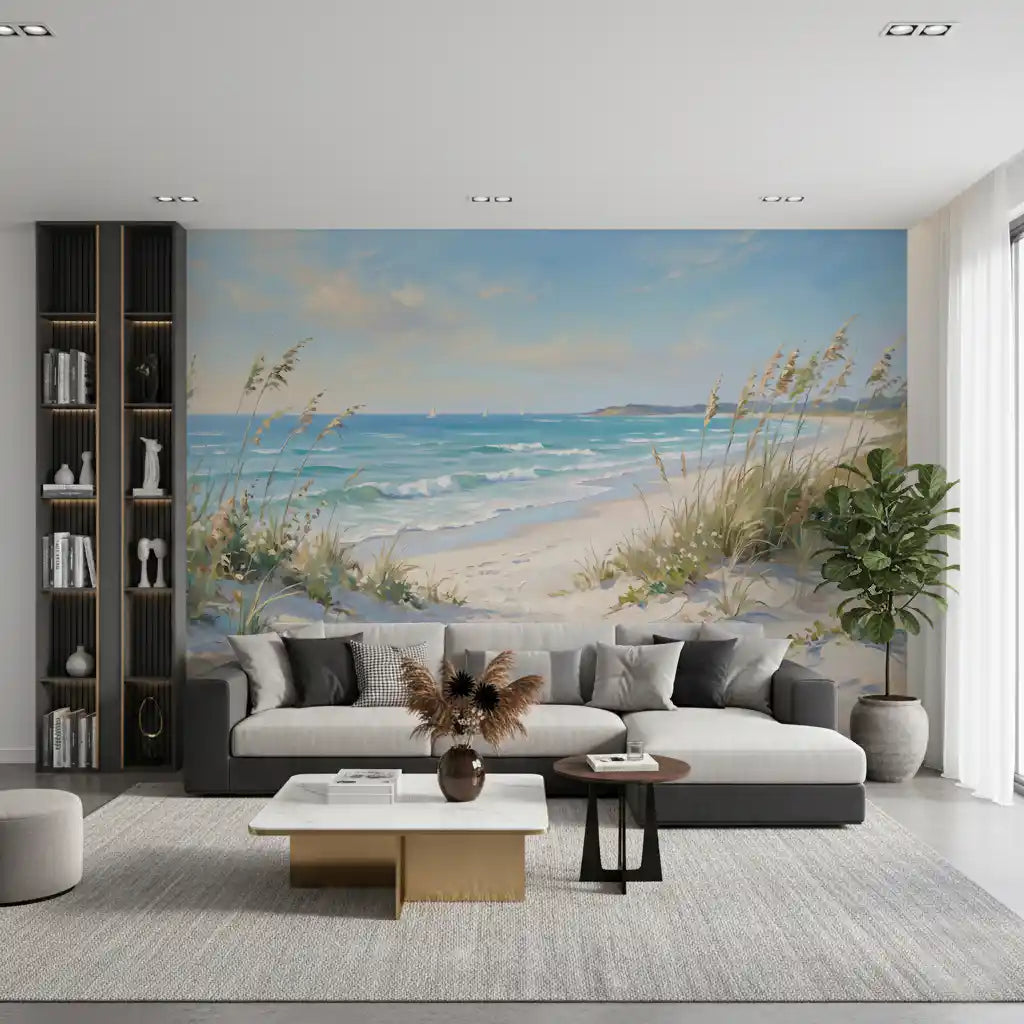 Sand-and-sea-oat detail fills the Coastal Serenity Pathway wall mural at midday.