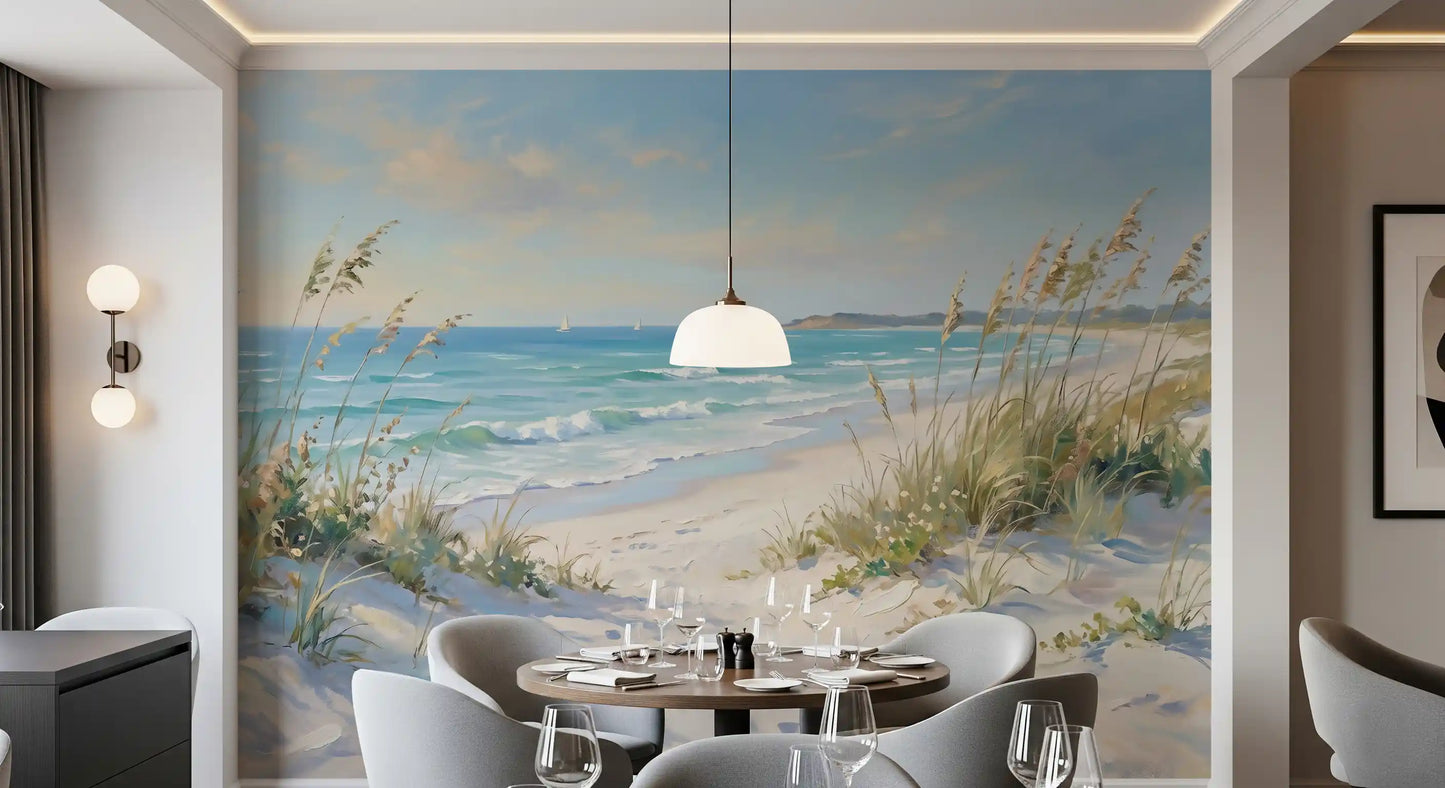 Loose strokes shape ocean, sand and grass in the Coastal Serenity Pathway wall mural.