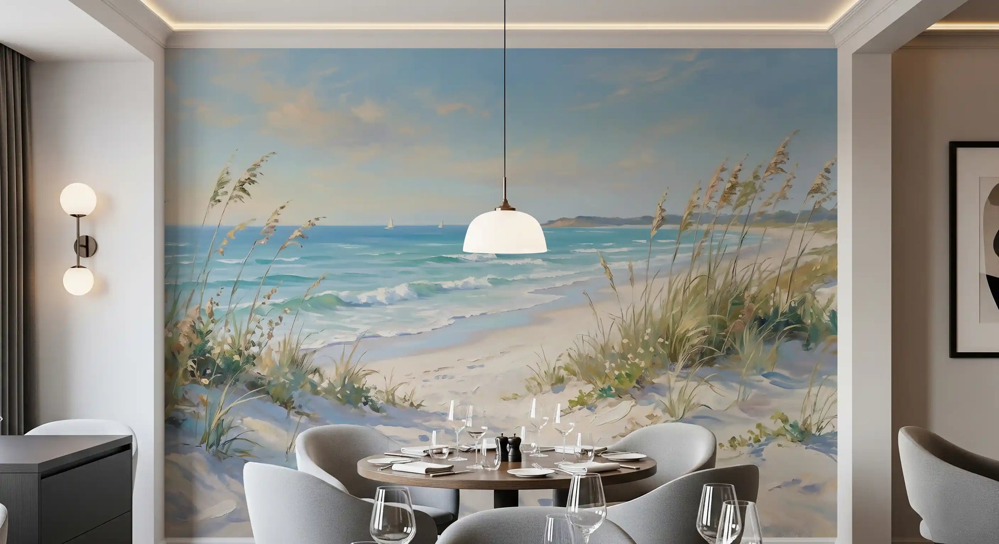 Loose strokes shape ocean, sand and grass in the Coastal Serenity Pathway wall mural.