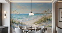 Loose strokes shape ocean, sand and grass in the Coastal Serenity Pathway wall mural.