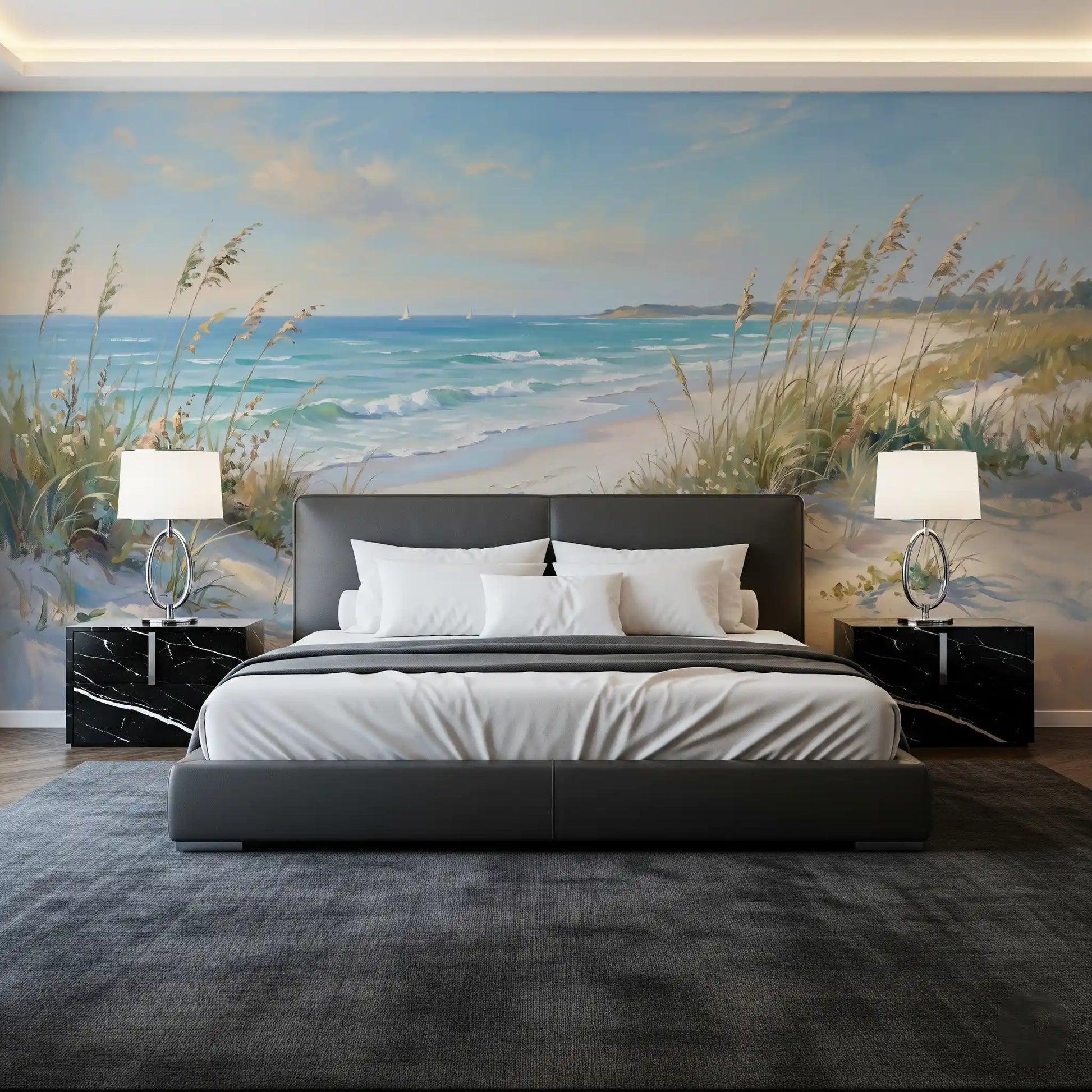 Holiday hush fills a bedroom with Coastal Serenity Pathway wall mural in clear sight.