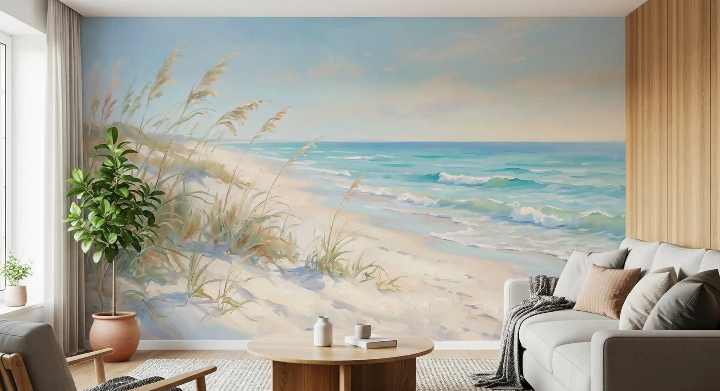 Coral pastel mixes with milky blue overhead in this Coastal Dreamscape wall mural panel.