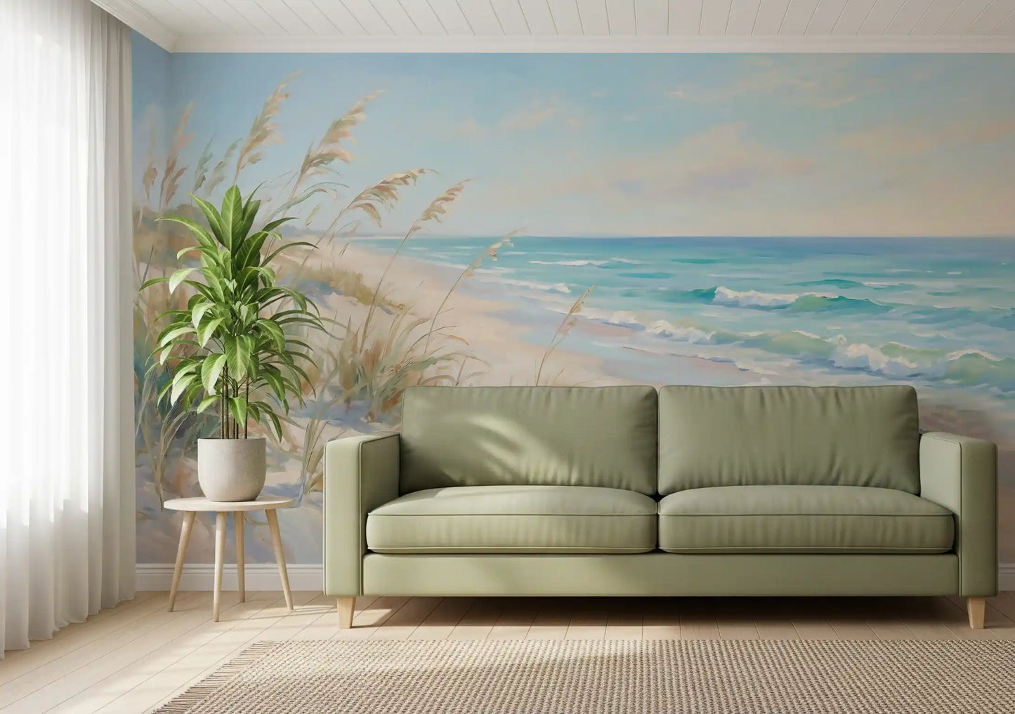 Painted ocean and dune grass give a living room calm Coastal Dreamscape wall mural feel.