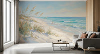 Brushwork waves curl onto pale ivory shore in the Coastal Dreamscape wall mural piece.