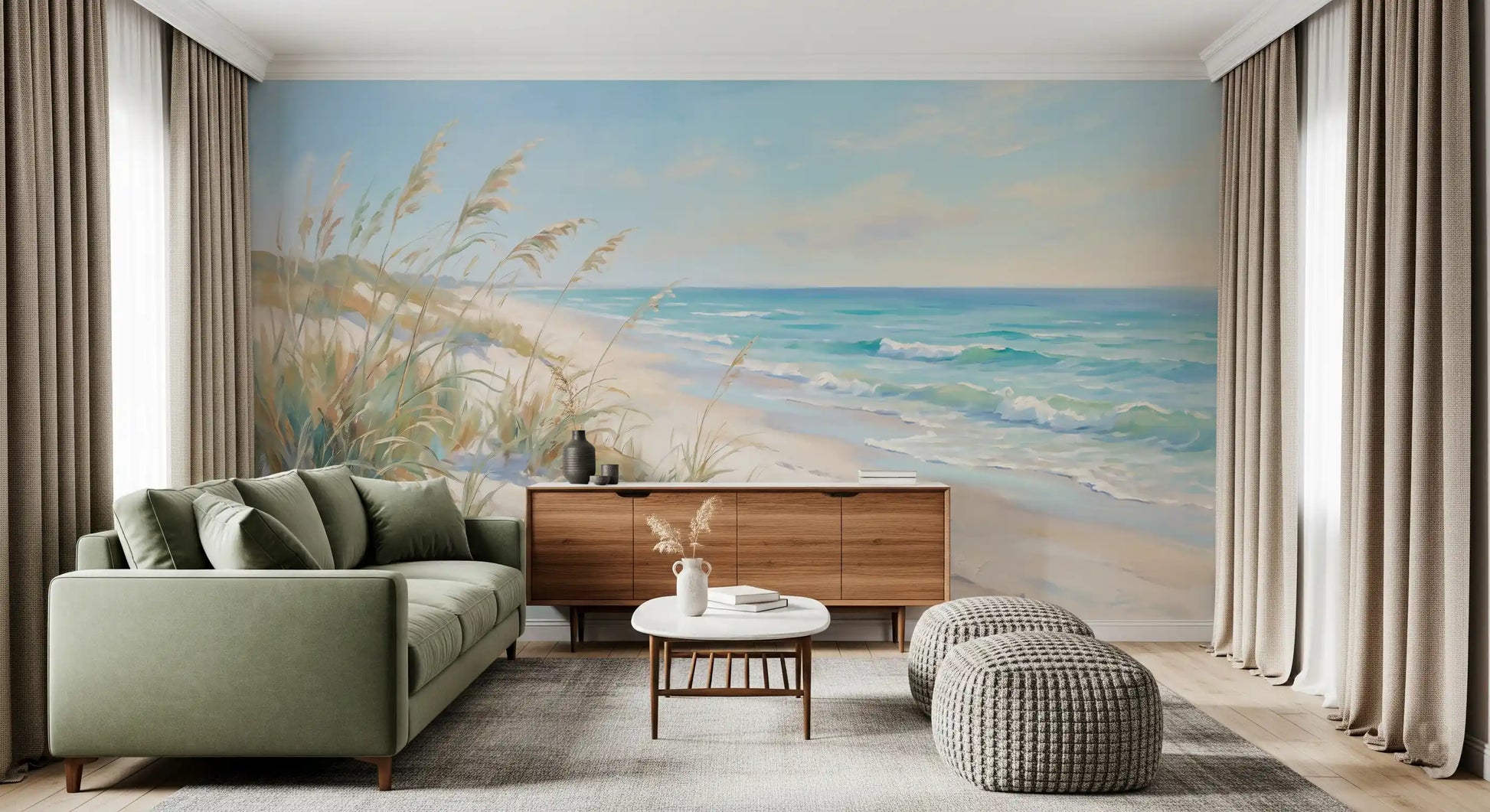 Loose strokes shape aqua crests and ivory foam in the Coastal Dreamscape wall mural view.