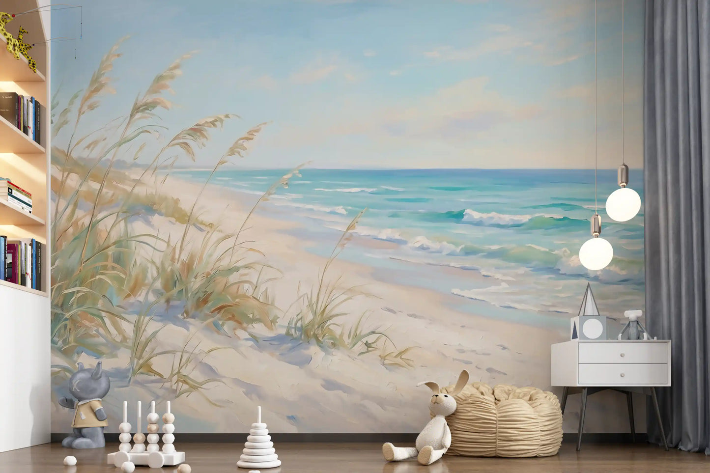 Calm painted ocean view sits behind a Nursery Coastal Dreamscape wall mural scene.