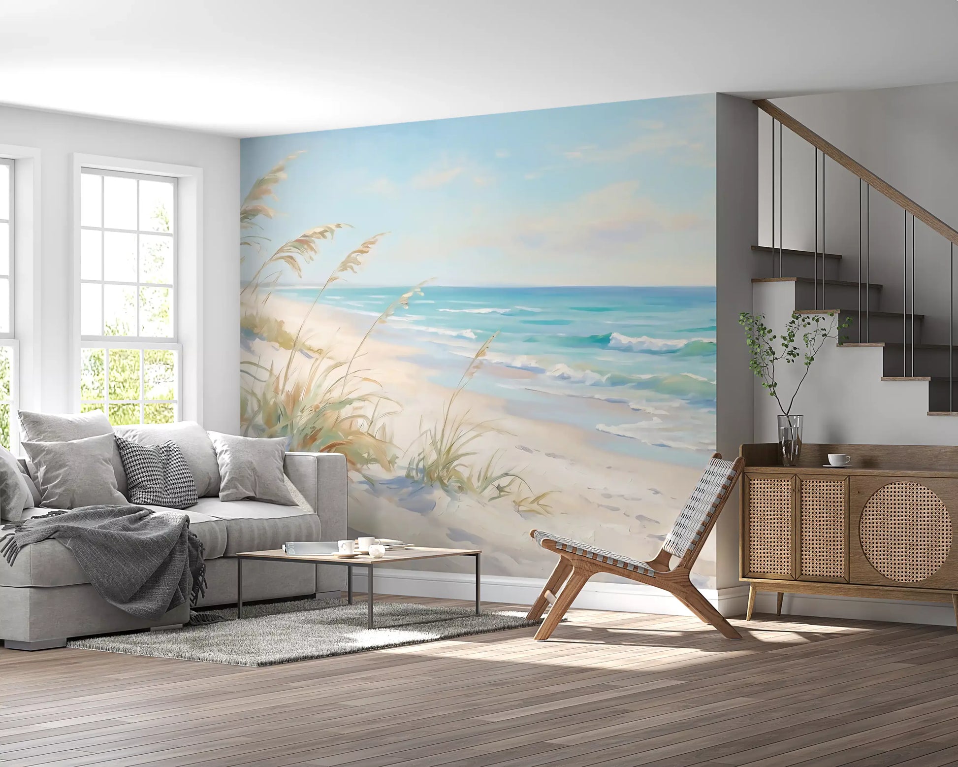 Hung in a Lounge area, the Coastal Dreamscape wall mural shows turquoise waves and pale sand.