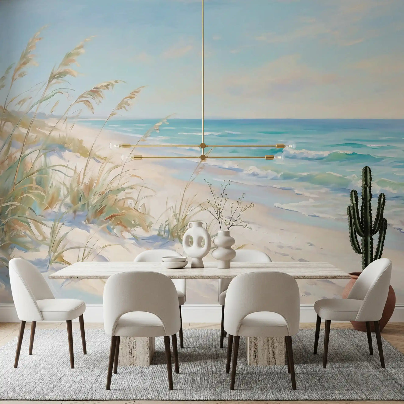 Coastal Dreamscape wall mural fills a dining room with painted beach and pastel sky.