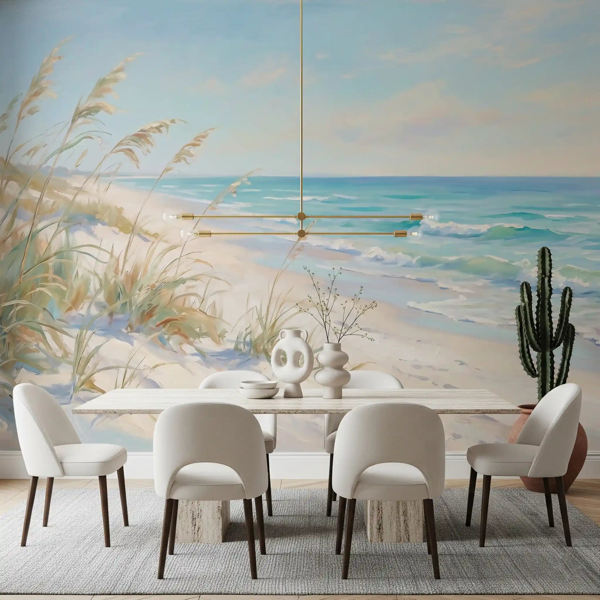 Coastal Dreamscape wall mural fills a dining room with painted beach and pastel sky.