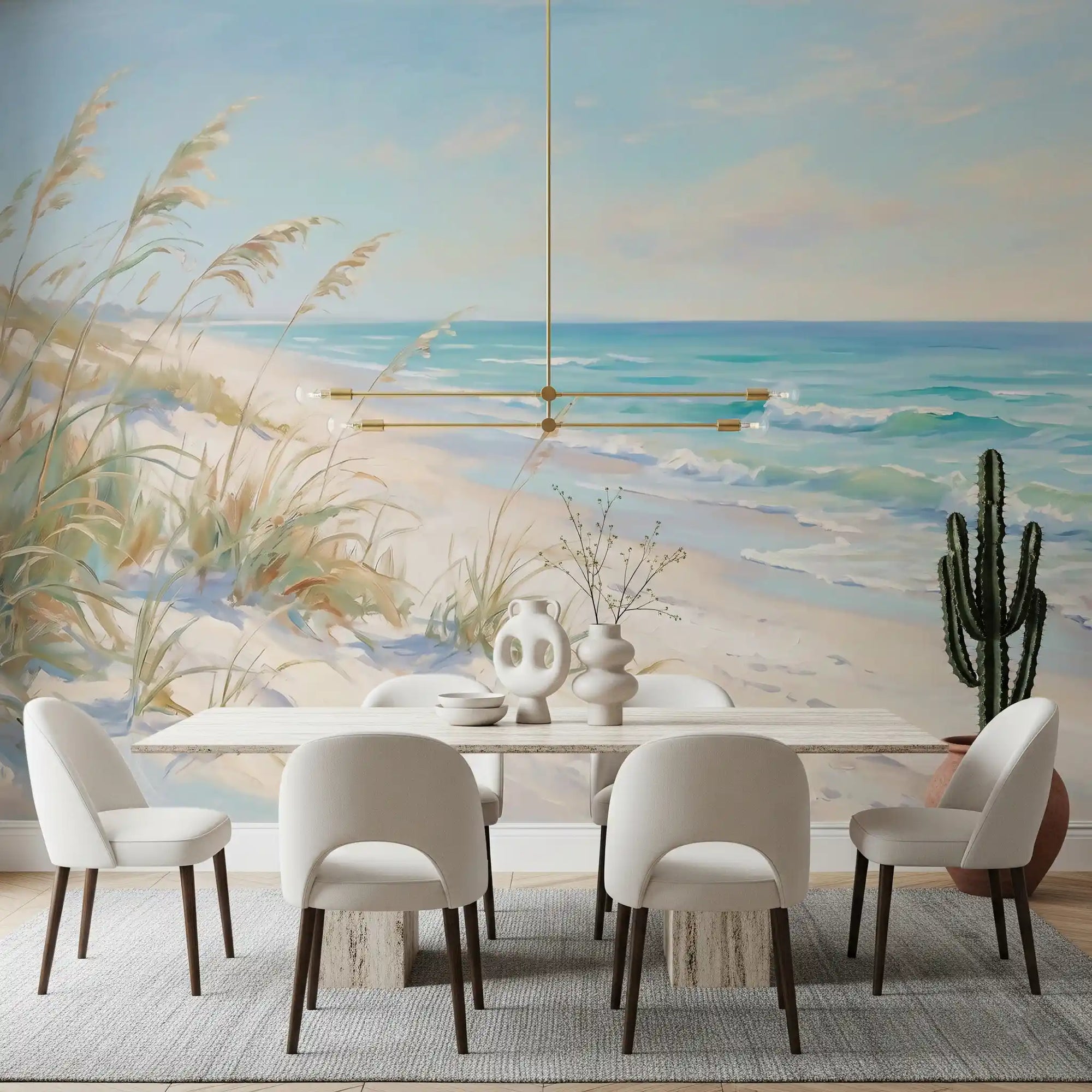Coastal Dreamscape wall mural fills a dining room with painted beach and pastel sky.