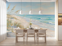 Sea oats and pale grass lift along a Dining room  Coastal Dreamscape wall mural setup.