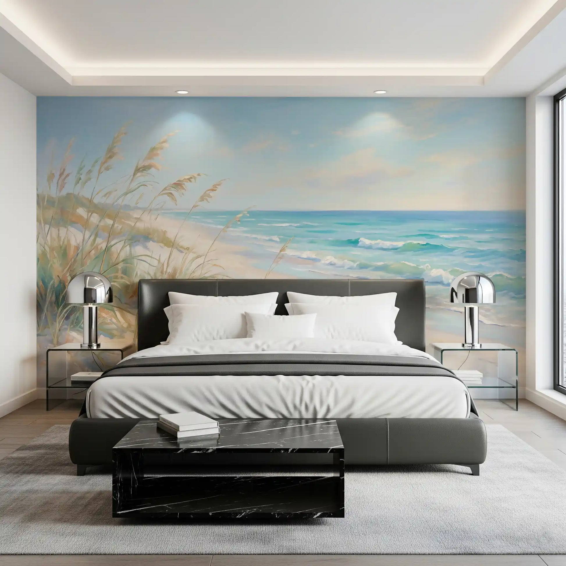 Far horizon glow lifts behind the rolling water in a Coastal Dreamscape wall mural scene.