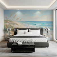 Far horizon glow lifts behind the rolling water in a Coastal Dreamscape wall mural scene.
