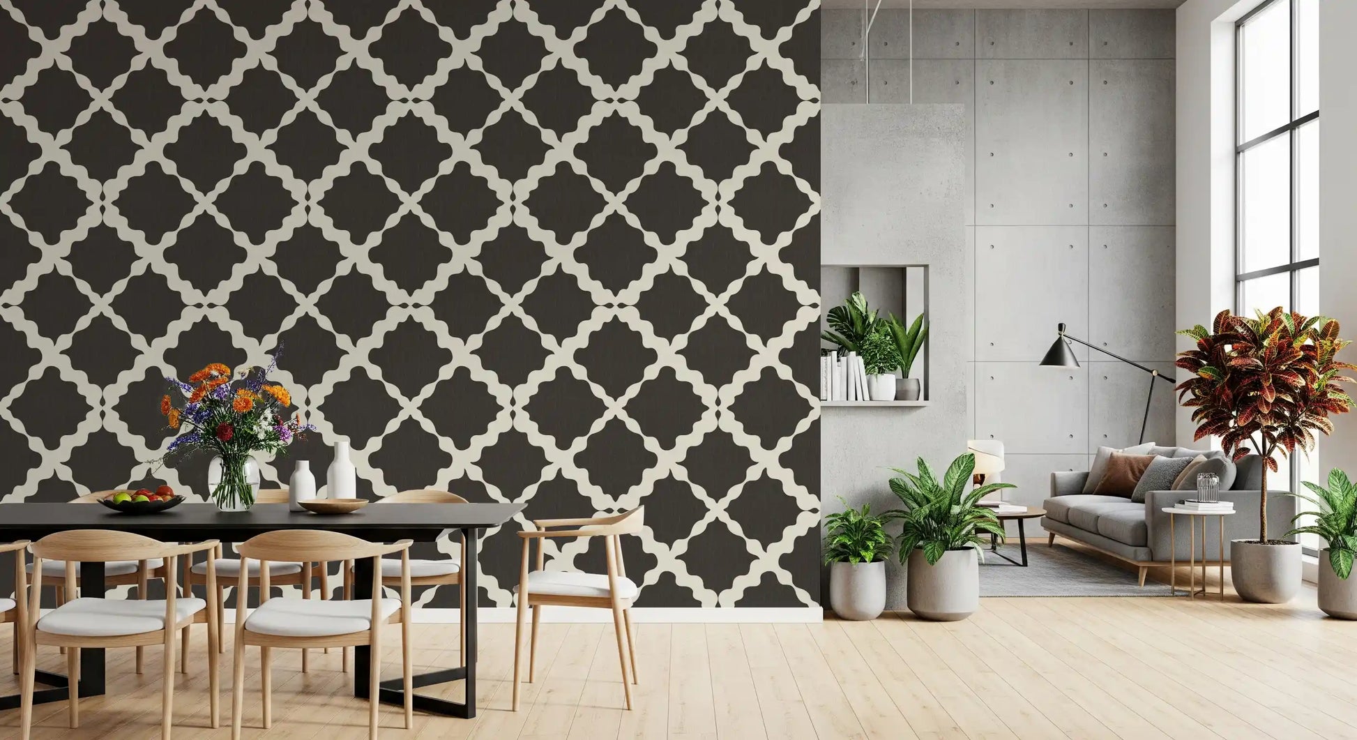 Quatrefoil shape repeats inside this Textured Lattice Trellis wallpaper at each join.