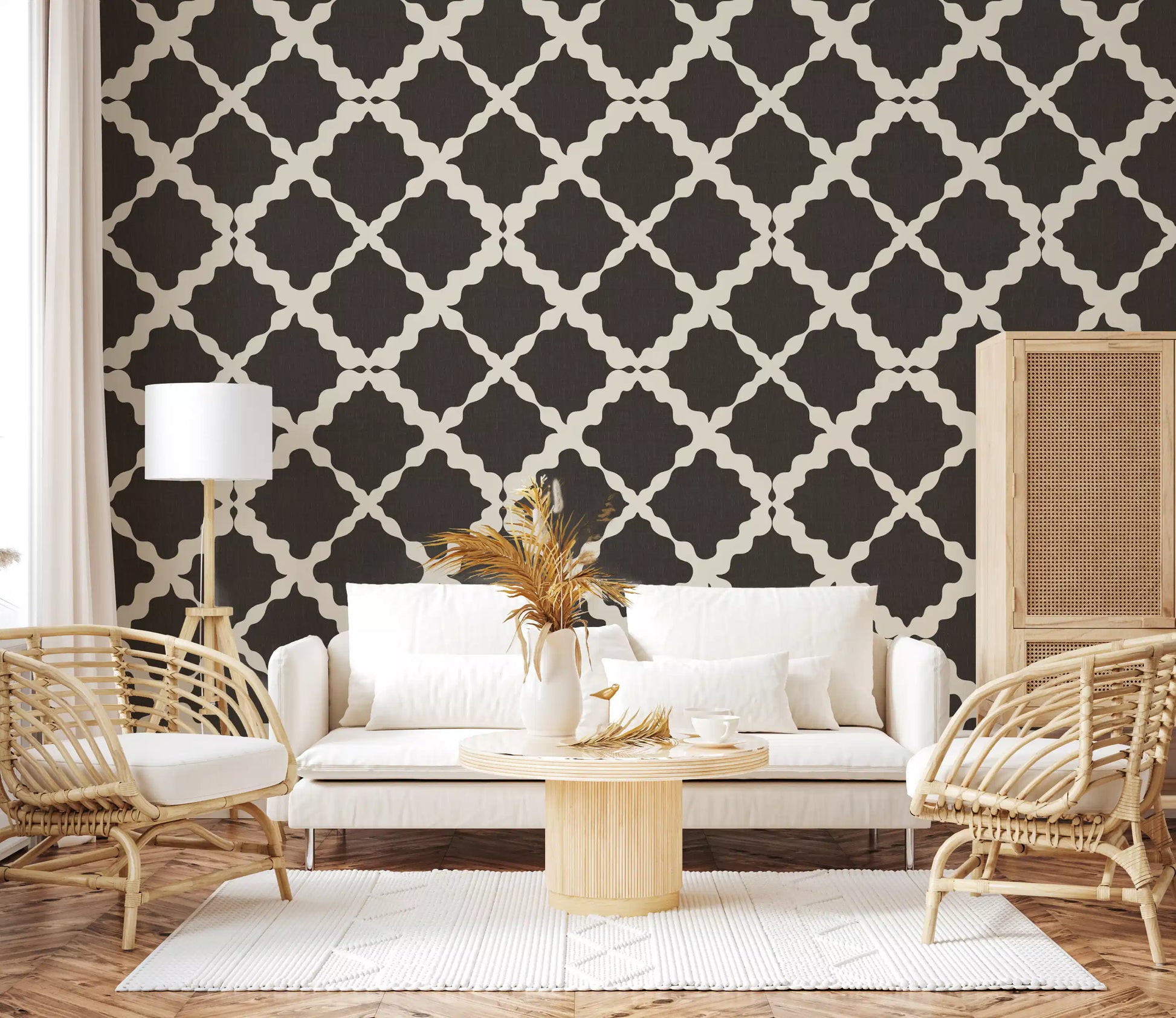 Linen-style grain backs the Textured Lattice Trellis wallpaper crisscross.