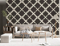 Diamond grid frames a living room with the Textured Lattice Trellis wallpaper pattern.