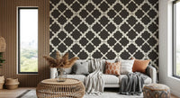 Rich brown shapes flow across a Living room with this Lattice Trellis wallpaper rhythm.