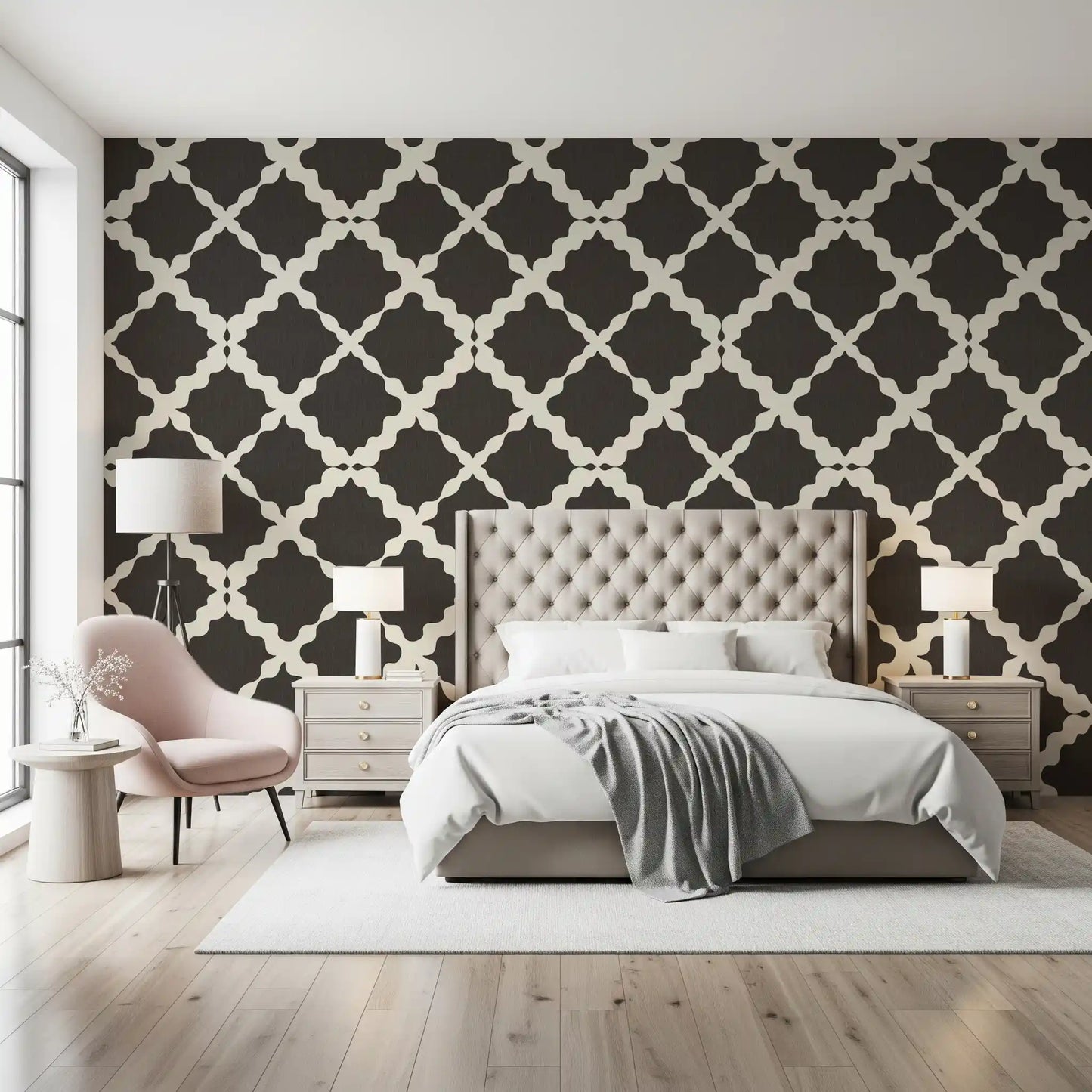 Geometric weave runs behind a Bedroom  with the Brown Lattice Trellis wallpaper sweep.