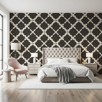 Geometric weave runs behind a Bedroom  with the Brown Lattice Trellis wallpaper sweep.