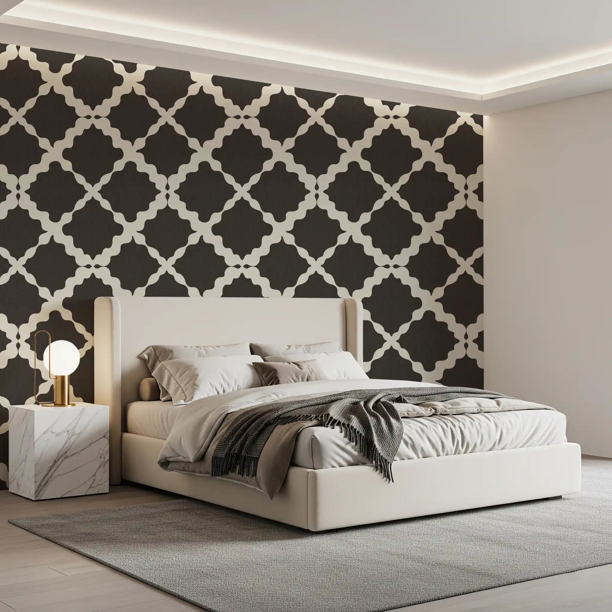 Textured Lattice Trellis wallpaper styles an bedroom with rich brown and ivory geometry.

