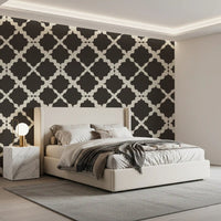 Textured Lattice Trellis wallpaper styles an bedroom with rich brown and ivory geometry.
