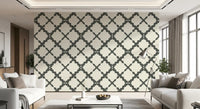 Fabric-weave finish dresses the Lattice Trellis Modern wallpaper near a Living room