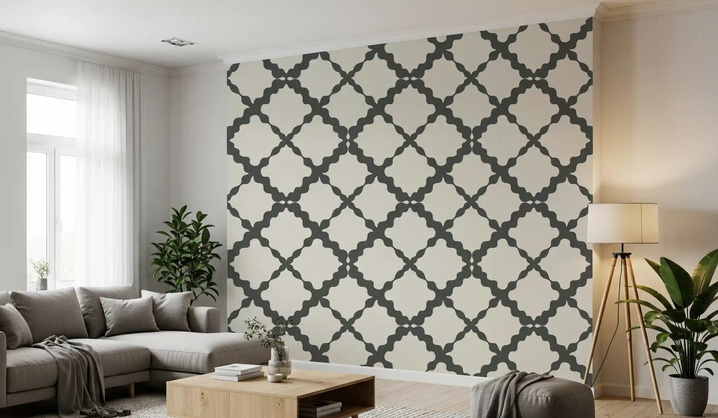 Symmetrical diamonds within the Lattice Trellis Modern wallpaper frame a living room