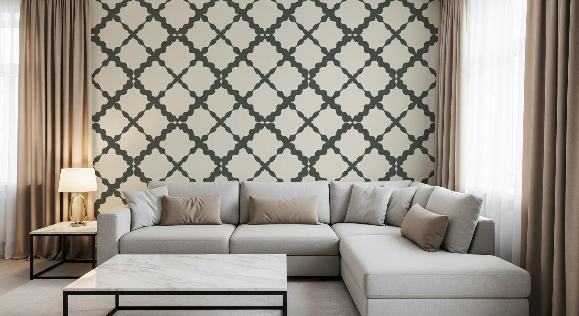 Trellis curves within the Geometric Grey Modern wallpaper sit above a Living room