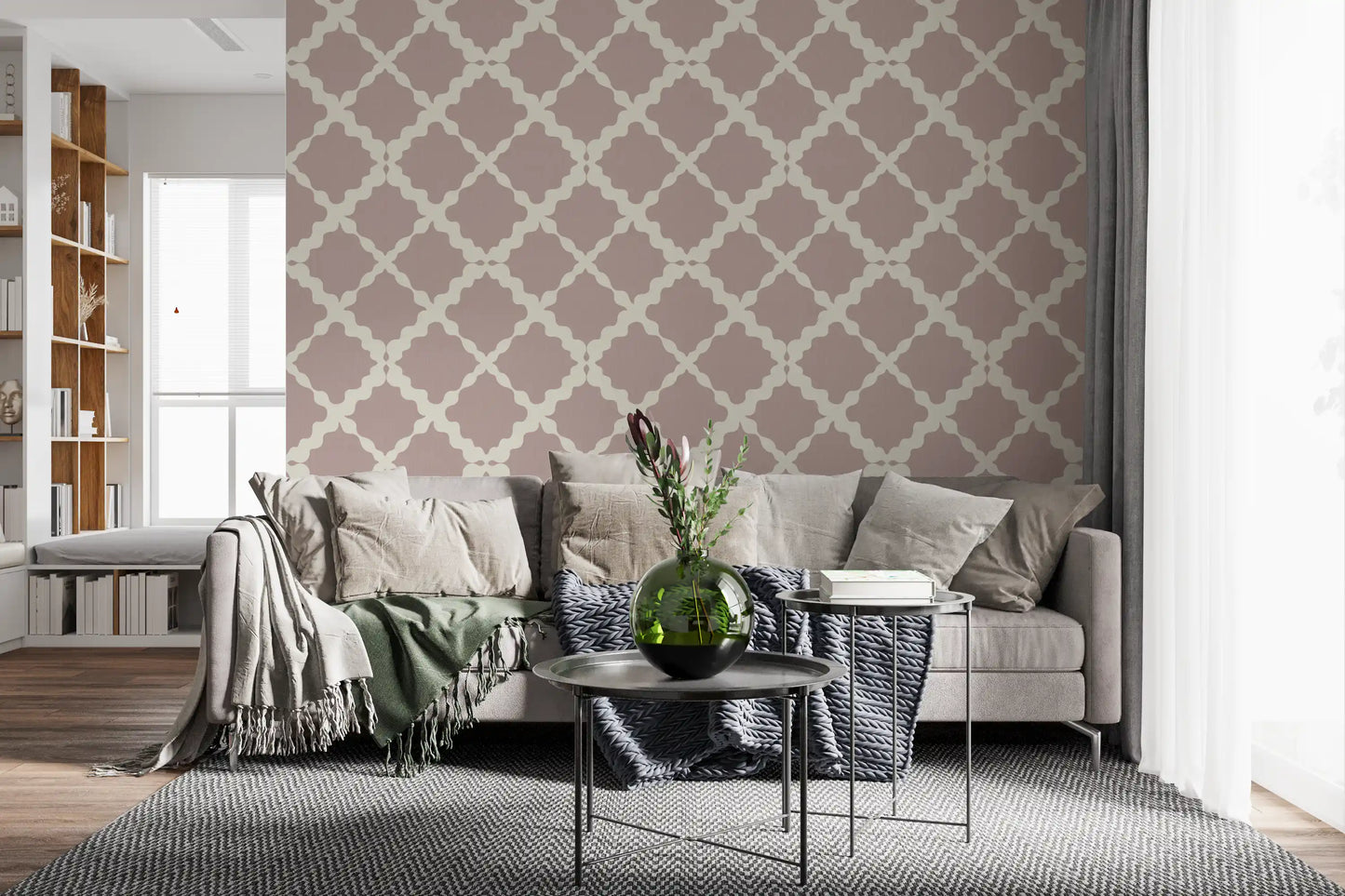 Linen weave texture of the Trellis wallpaper sits behind a Living room panel