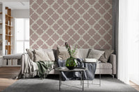 Linen weave texture of the Trellis wallpaper sits behind a Living room panel