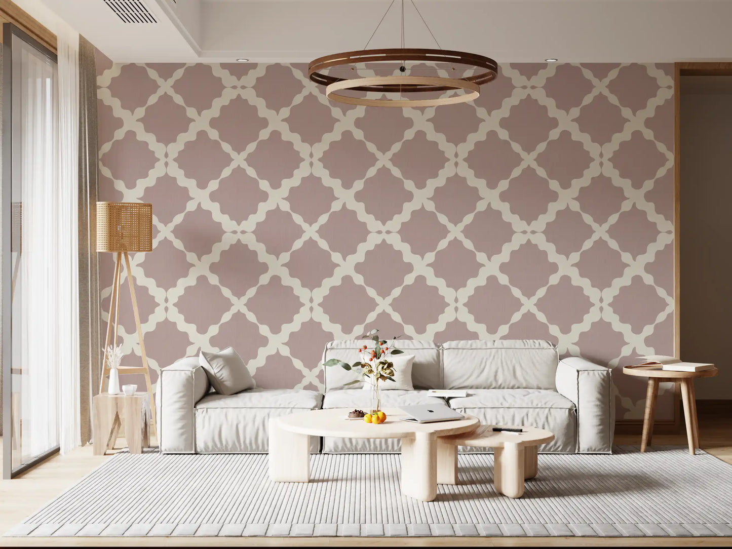 Dusty rose ground in the Textured Lattice wallpaper meets a Living room setting