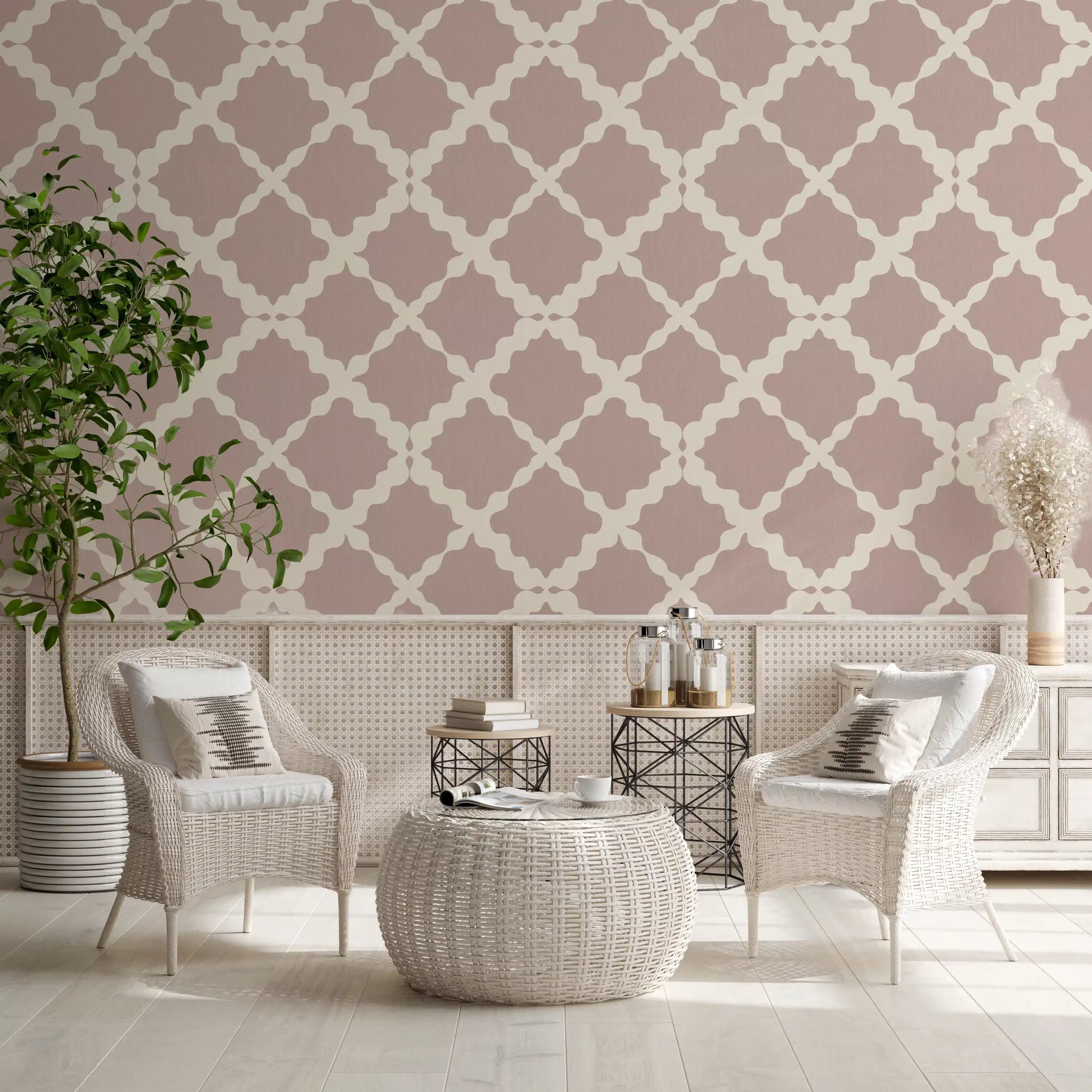 Interlocking diamond shapes of the Textured Trellis wallpaper fit a dining room