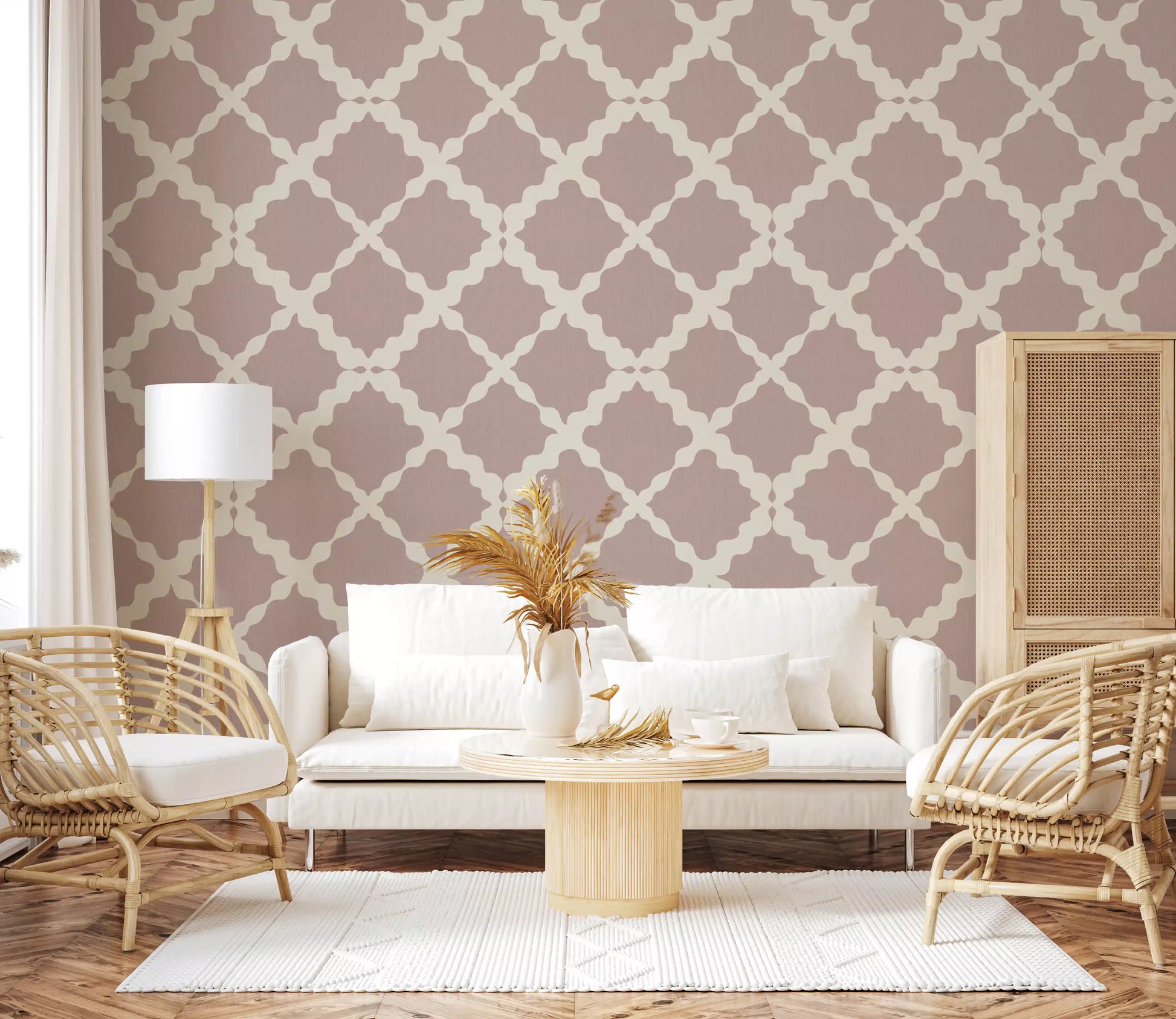 Subtle linen texture supports the cream lattice within this Trellis wallpaper background
