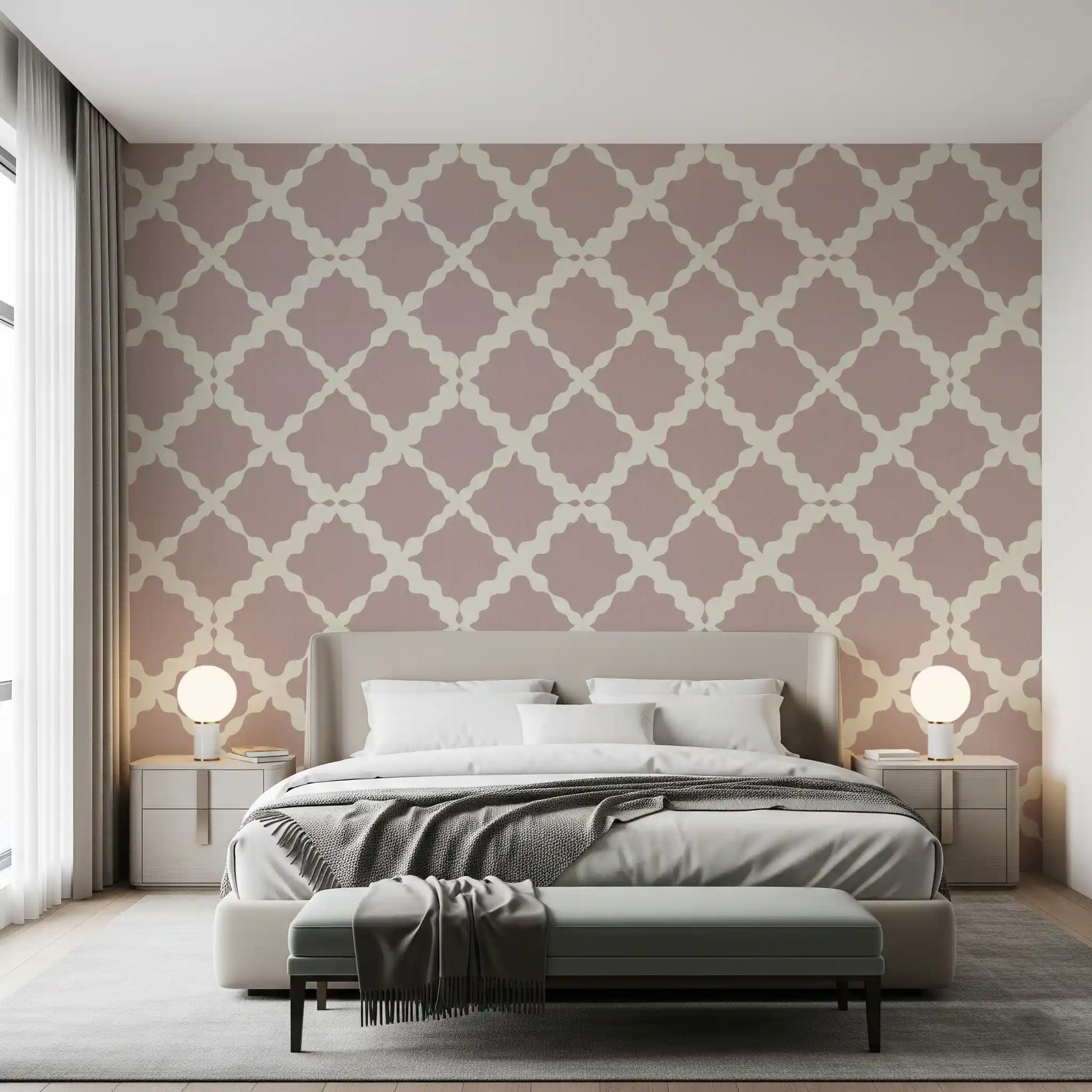 Curved diamond geometry of the Lattice Trellis wallpaper holds an even spacing