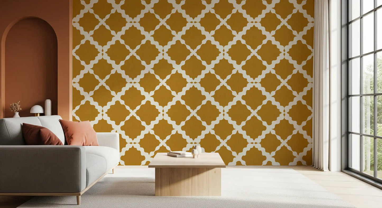 Fabric texture grounds the Textured Lattice Trellis wallpaper with mustard and white.
