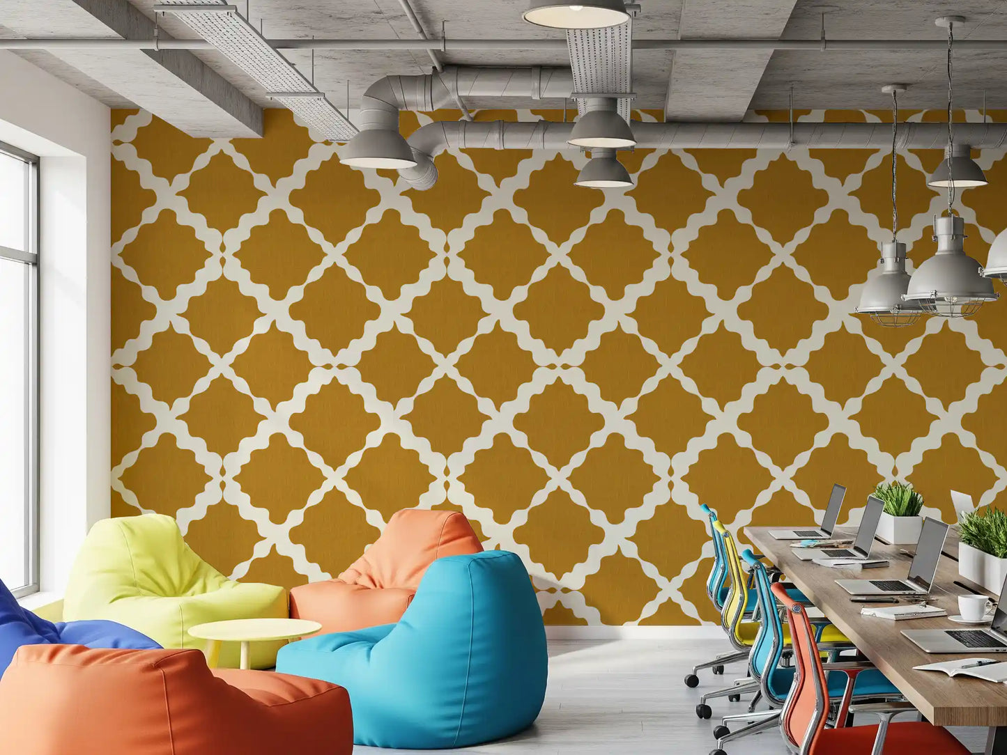 View of a Home office with the Textured Lattice Trellis wallpaper quatrefoil rhythm.